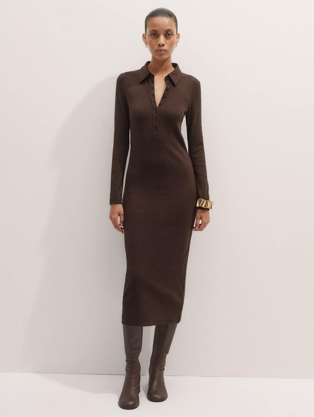 ME+EM Rib Midi Shirt Dress Chocolate Mélange Size 6